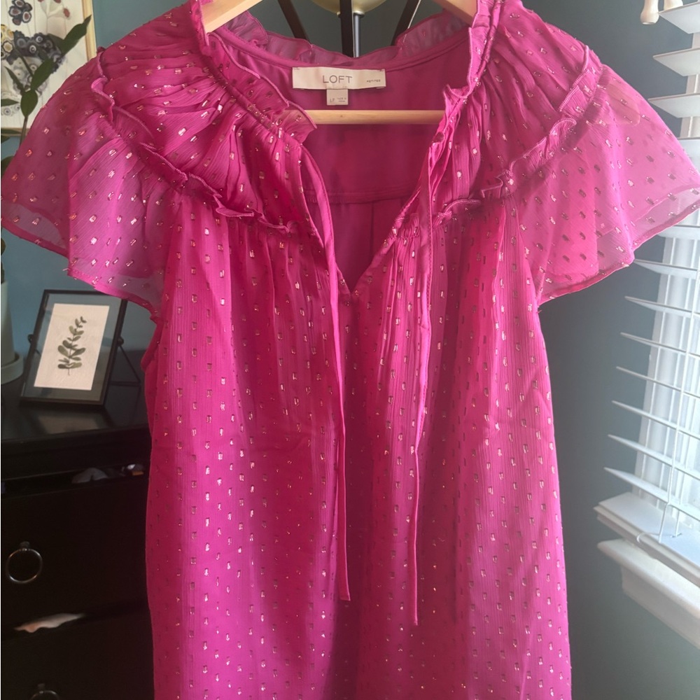 LOFT Fuchsia Pink Petite Large Metallic Clip Ruffle Tie Neck Blouse Womens PL